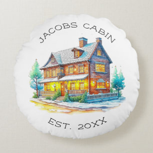 Personalized Log Cabin Christmas Round Pillow