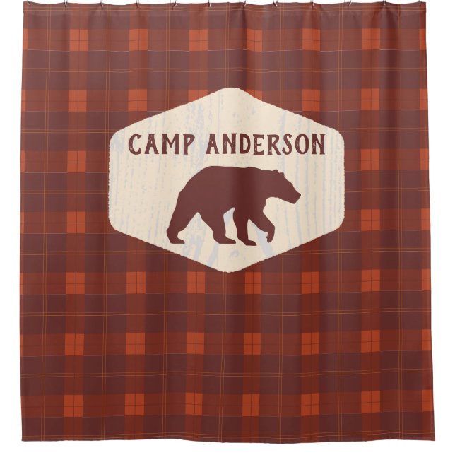 Personalized Log Cabin Rust Red Plaid Pattern Shower Curtain (Front)