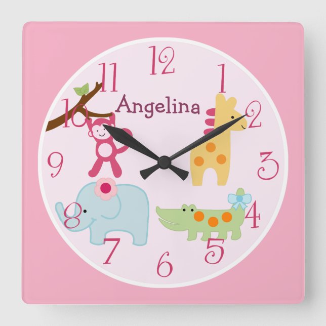 Personalized Lollipop Jungle Animals Nursery Clock (Front)
