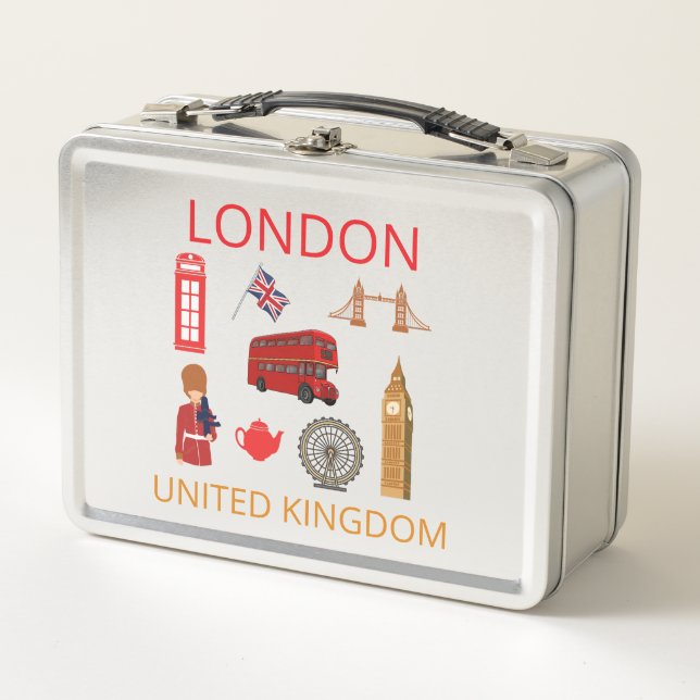 Personalized London Landmarks Travel-Themed Metal Lunch Box (Front)