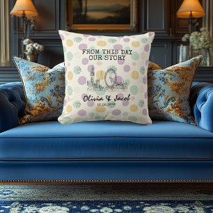 Personalized London Skyline with Pastel Polka Dot Throw Pillow