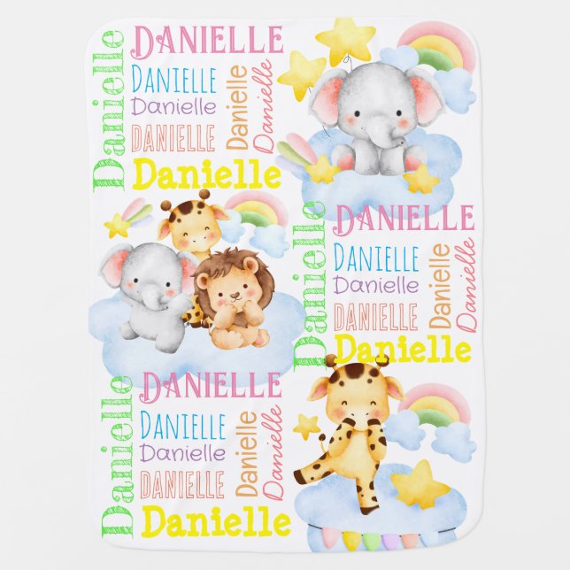 Personalized long girls name with baby animals baby blanket (Front)