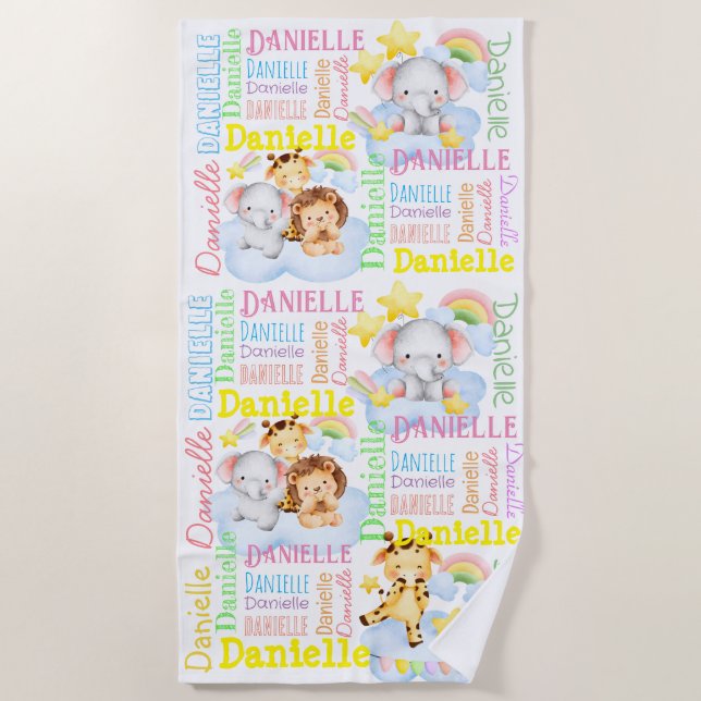 Personalized long girls name with baby animals  beach towel (Front)