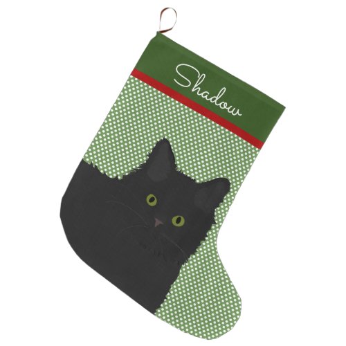 Personalized Long Hair Black Cat Large Christmas Stocking