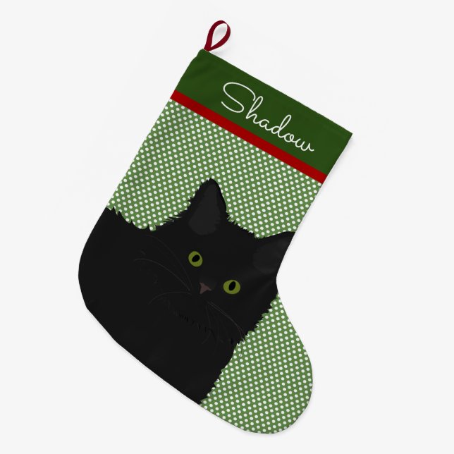Personalized Long Hair Black Cat Large Christmas Stocking (Front (Hanging))