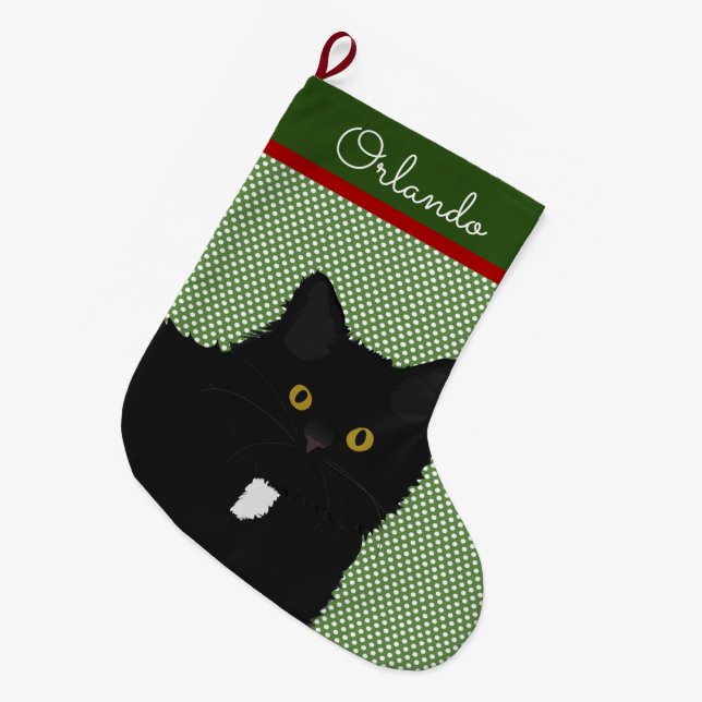 Personalized Long Hair Yellow Eyes Black Cat Large Christmas Stocking (Front (Hanging))