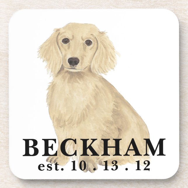 Personalized Long Haired Cream Dachshund Beverage Coaster (Front)