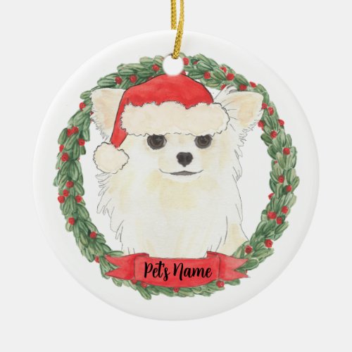 Personalized Long Haired White Cream Chihuahua  Ceramic Ornament