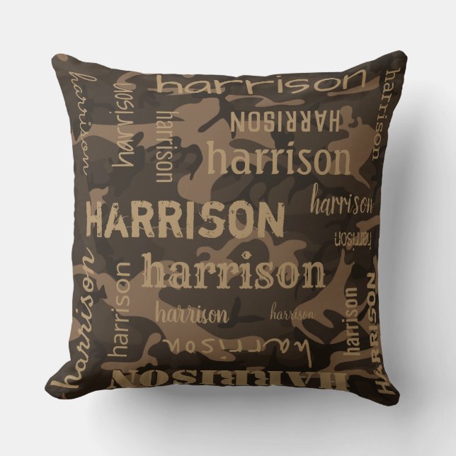 Personalized Longer Name Brown Camo Throw Pillow (Front)
