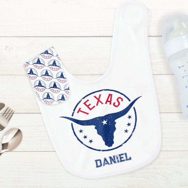 Personalized Longhorn Texas Baby Bib (A personalized Texas-themed bib for a new baby boy.)