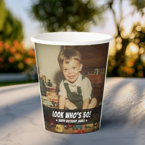 Personalized Look Whos 50 Retro Milestone Birthday Paper Cups