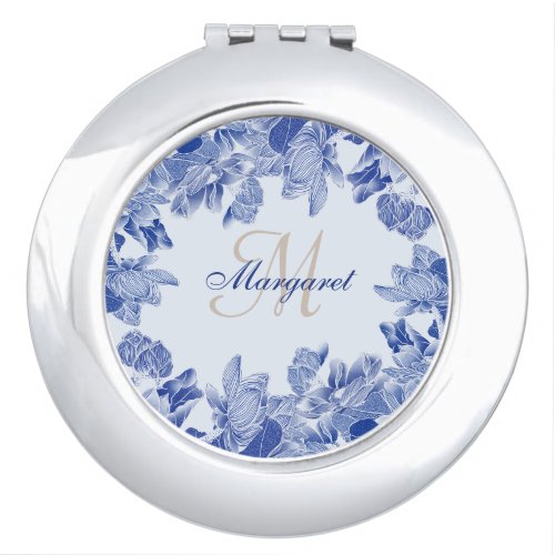 Personalized Lotus Floral Blue Chinoiserie    Compact Mirror