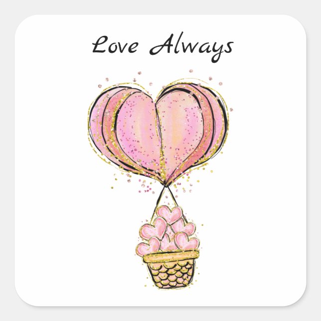Personalized Love Always Hot Air Balloon Hearts Square Sticker (Front)