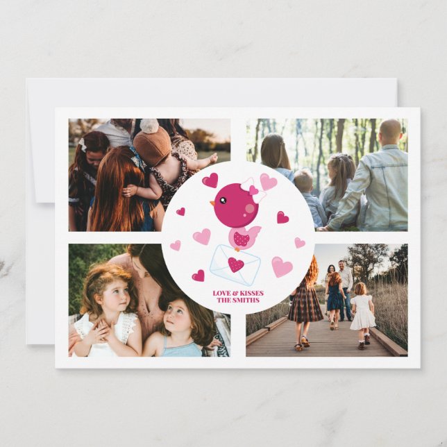 Personalized Love Bird 4 Photo Collage Valentine's Holiday Card (Front)