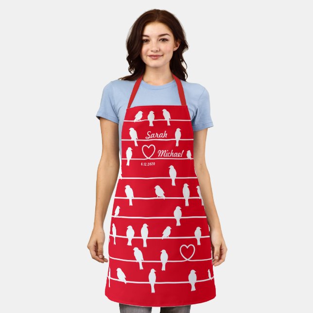 Personalized Love Birds Heart Red Stripe Apron (Worn)