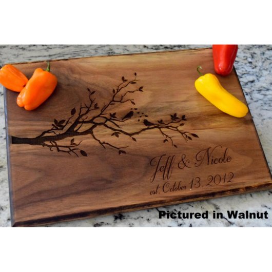 Personalized Love Birds Walnut Cutting Board (Front Left)