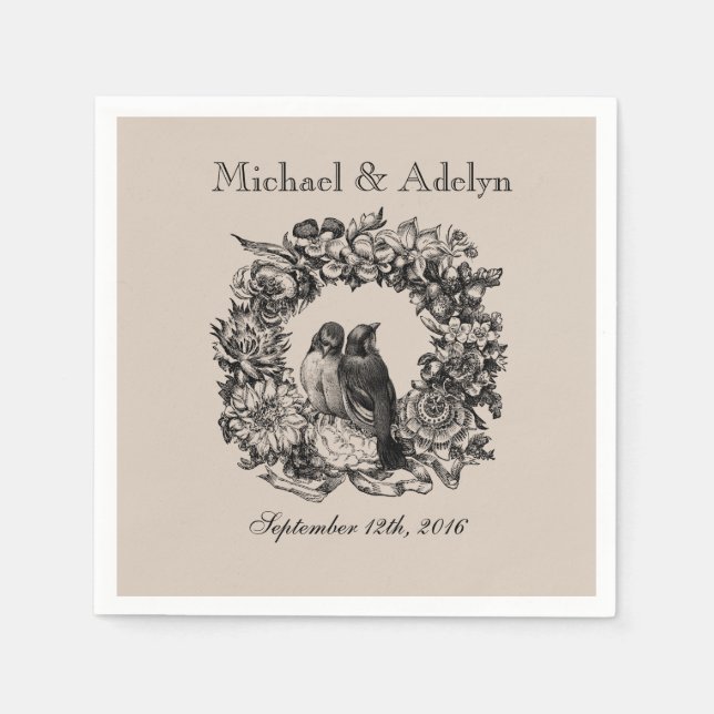 Personalized Love Birds Wreath Wedding Napkins (Front)