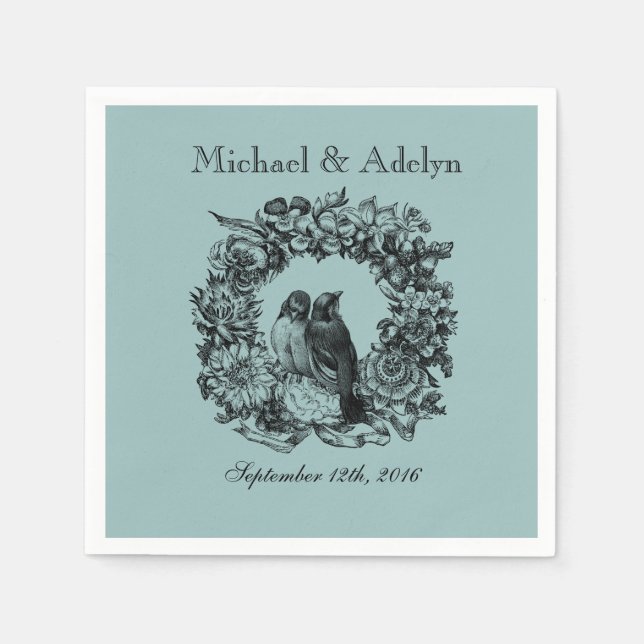 Personalized Love Birds Wreath Wedding Napkins (Front)