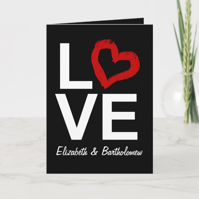 Personalized LOVE, Black/White/Red Heart Holiday Card (Front)
