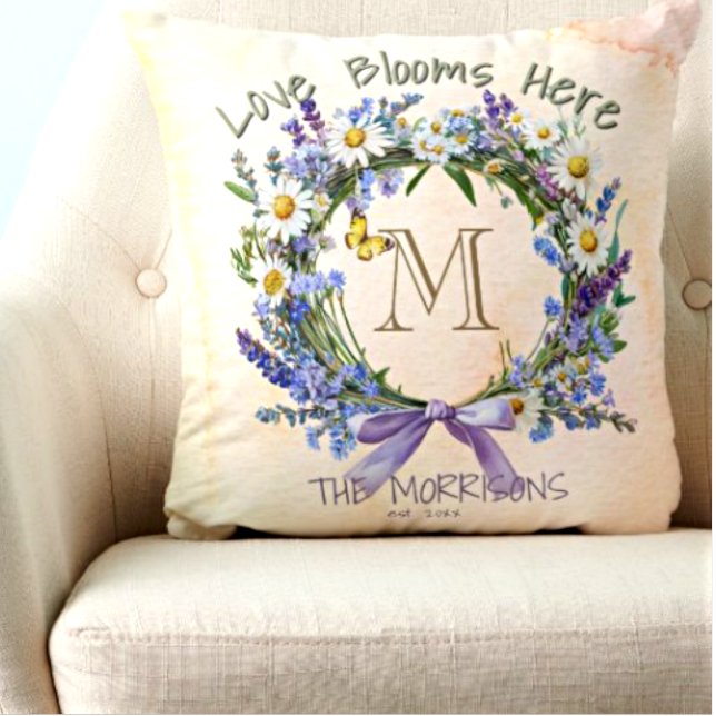 Personalized Love Blooms Here Floral Throw Pillow (Creator Uploaded)