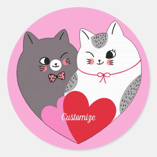 Personalized Love Cats Pink Classic Round Sticker (Front)
