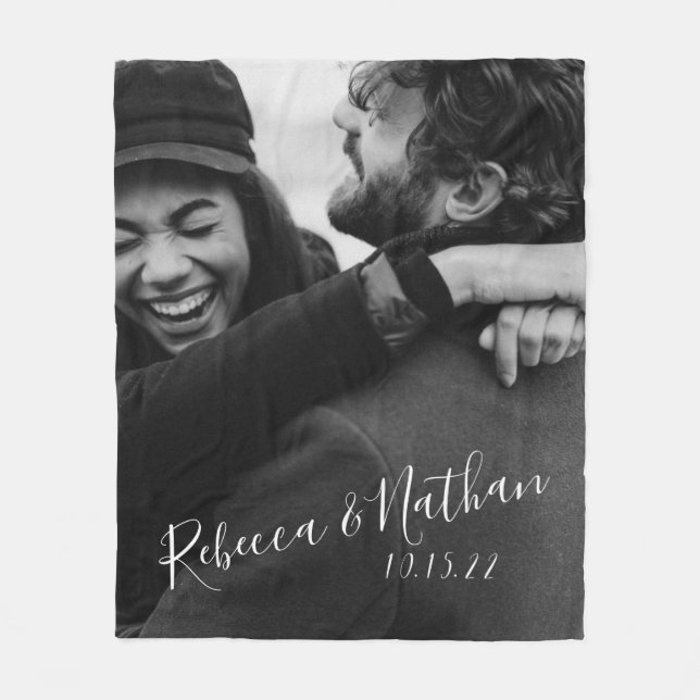 Personalized Love Couple Photo Wedding Date Fleece Blanket (Front)