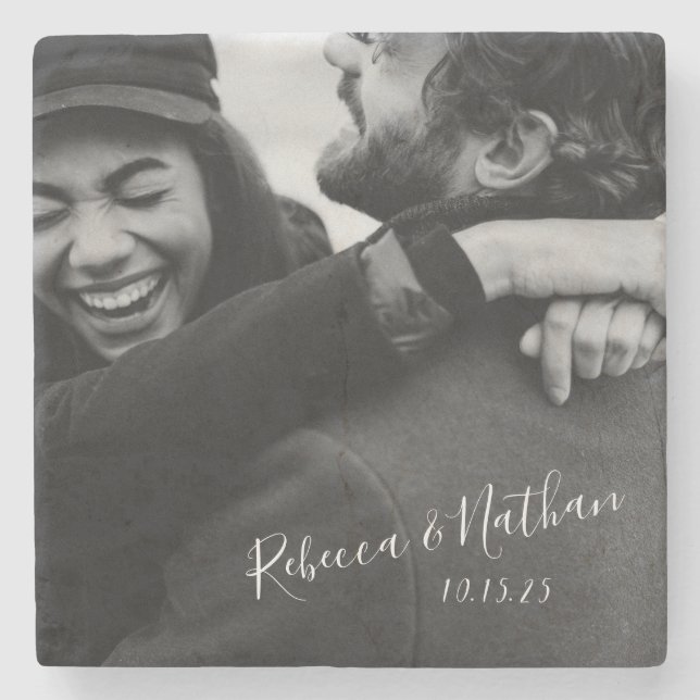 Personalized Love Couple Photo Wedding Date   Stone Coaster (Front)