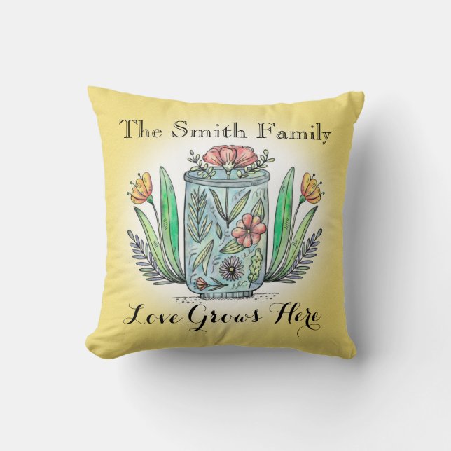 Personalized  Love Grows Here Yellow  Flower Throw Pillow (Front)
