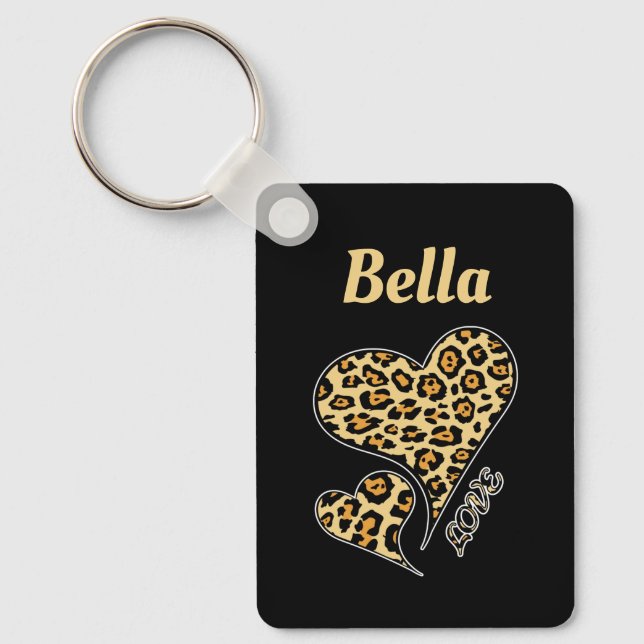 Personalized Love Heart Leopard Print Retro  Keychain (Front)