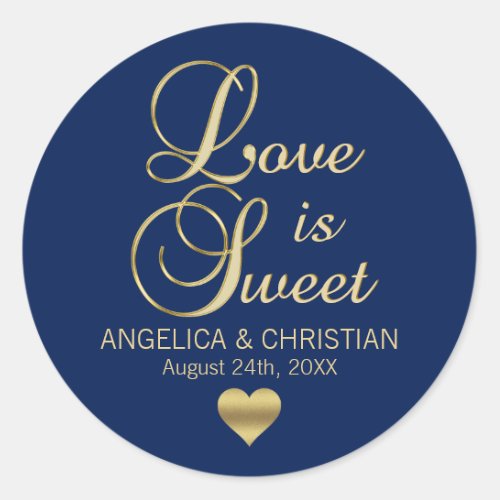 Personalized LOVE IS SWEET Navy Blue Gold Wedding Classic Round Sticker