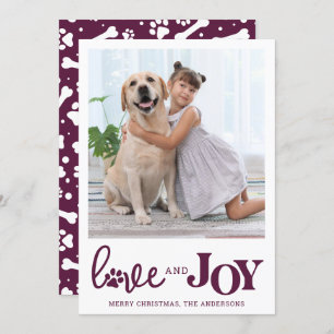 Personalized LOVE & JOY Modern Plum Dog Pet Photo Holiday Card