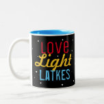Personalized Love Light Latkes Hanukkah Funny Two-Tone Coffee Mug<br><div class="desc">Love Light Latkes Black Hanukkah Funny Quote Two-tone mug will brighten up your family Hanukkah Party! Why not make one for each guest- and use them as place cards? This colorful, humorous saying really stands out on the black starry night background. Sure to make friends & Family smile. Includes space...</div>