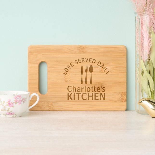 Personalized Love Served Daily Engraved Cutting Board (Upright)