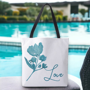 Personalized  Love Teal Watercolor Floral  Tote Ba Bag