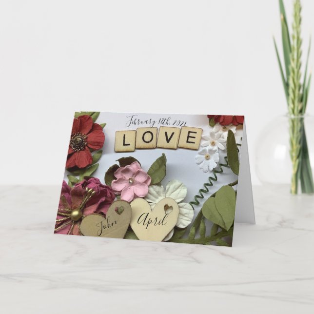 Personalized LOVE Wedding Date & Names Floral Card (Front)