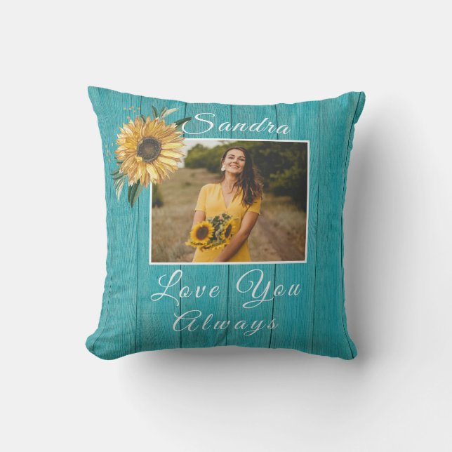 Personalized Love You Always | Sunflower Teal Throw Pillow (Front)