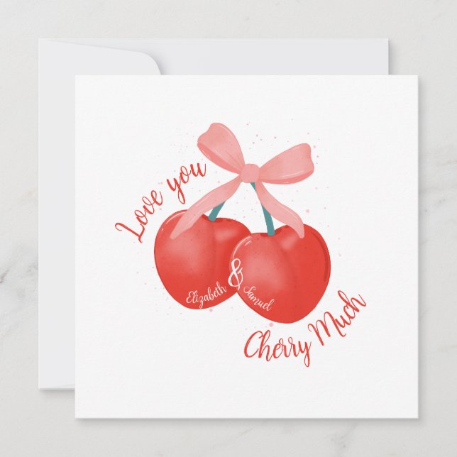 Personalized Love you Cherry much cherries & bow Holiday Card (Front)