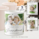 Personalized LOVE YOU GRANDMA Handwritten 3 Photo Coffee Mug<br><div class="desc">Create a keepsake photo mug for a grandmother featuring 3 pictures and titled LOVE YOU GRANDMA in modern handwritten script accented with hearts with her grandchildren's names or your custom message in your choice of colors (shown with gray text and pink hearts on a white background). All text and colors...</div>