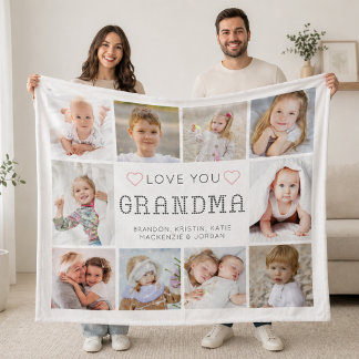 Personalized Love You Grandma Hearts 10 Photo Fleece Blanket