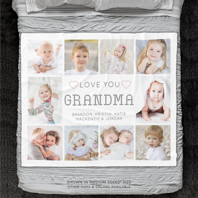 Personalized Love You Grandma Hearts 10 Photo Fleece Blanket