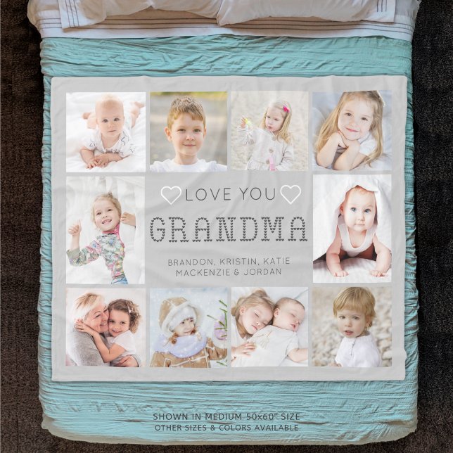 Personalized Love You Grandma Hearts 10 Photo Fleece Blanket (Creator Uploaded)