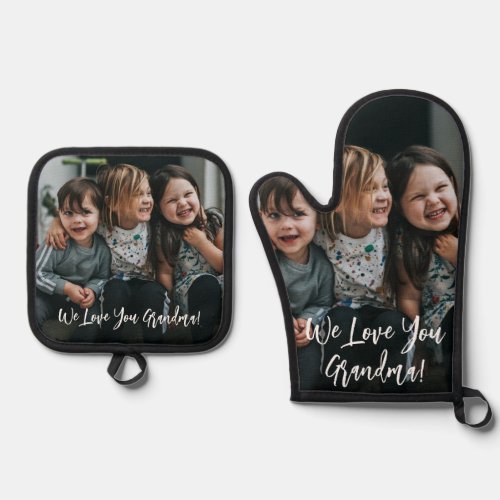 Personalized Love You Grandma Photo Handwritten  Oven Mitt  Pot Holder Set