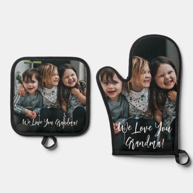 Personalized Love You Grandma Photo Handwritten  Oven Mitt & Pot Holder Set (Front)