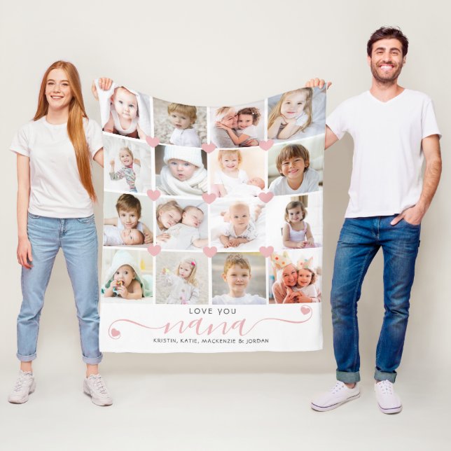 Personalized Love You Nana 16 Photo Pink Hearts Fleece Blanket (In Situ)