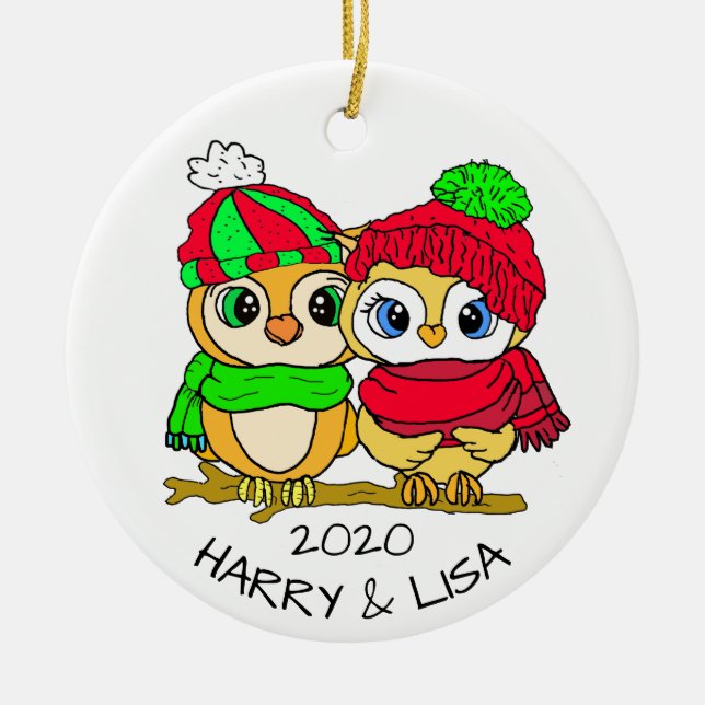 Personalized Lovebirds Owls Christmas Ceramic Ornament (Front)