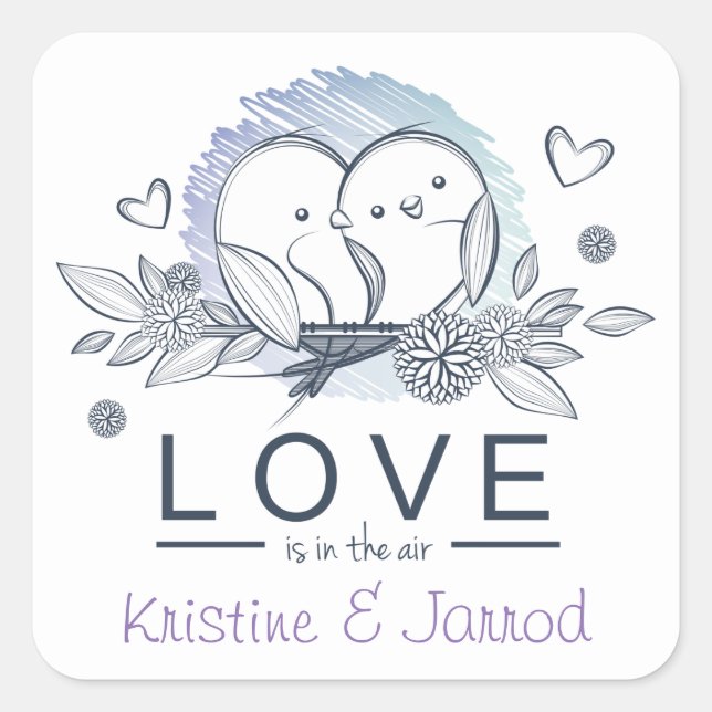 Personalized Lovebirds Purple Love Wedding Square Sticker (Front)
