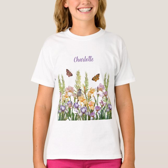 Personalized Lovely Irises, Birds Butterflies T-Shirt (Front)