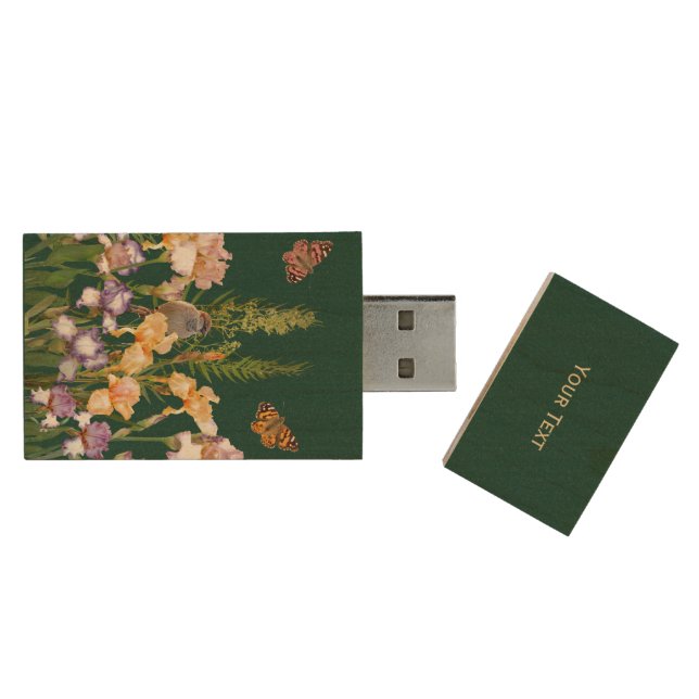 Personalized Lovely Irises, Birds Butterflies Wood Flash Drive (Opened)