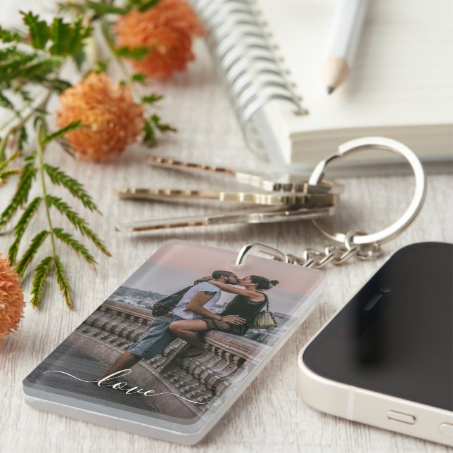 Personalized Lovers Couple Picture Love Text Keychain (Front Right)