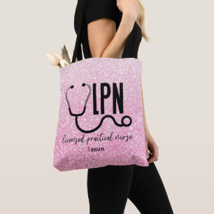 Personalized LPN Nurse Pink Glitter Tote Bag